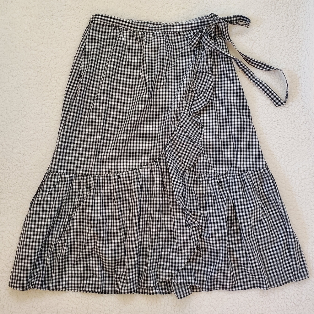 Gingham Ruffled Wrap Midi Skirt